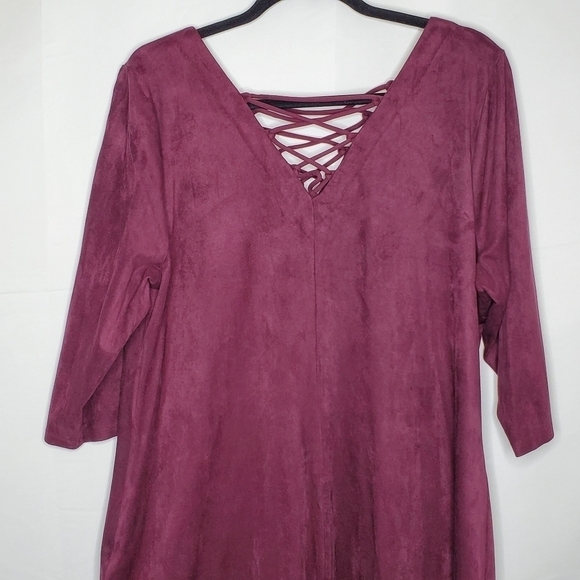 G.I.L.I. Lace-up Midi Dress Size 1X Stretch Faux Suede V-Neck Party Burgundy - Picture 6 of 15